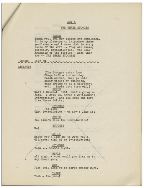 Moe Howard's 42pp. Script of Texaco Star Theater Starring Milton Berle & The Three Stooges With Shemp -- From May 1950 Annotated by Moe With His Signatures -- 8.5 x 11 -- Very Good